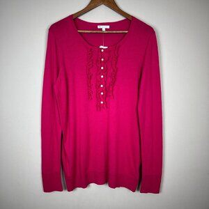 Gap Sweater Top Womens Large Pink Cotton Cashmere Long‎ Sleeve Henley Ruffle New